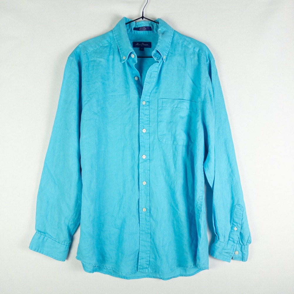 Alan Flusser Linen Button Down Shirt Mens M Turquoise Coastal Resort
